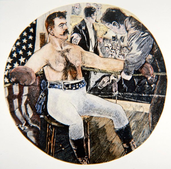 John L. Sullivan podczas walki z Jamesem J. Corbettem w Nowym Orleanie autorstwa American School