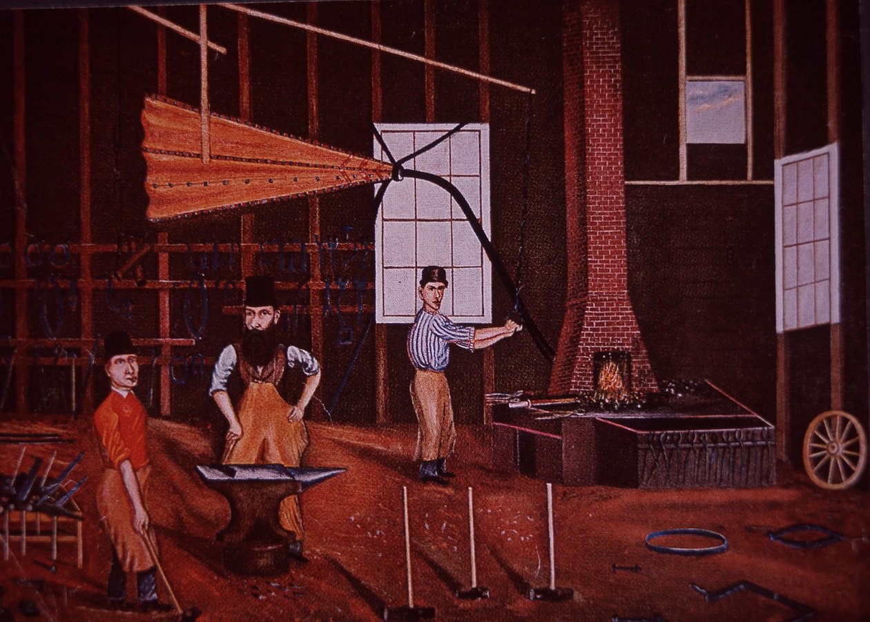John Mohler Studebaker (w środku), niemiecko-amerykański wytwórca wagonów w warsztacie, ok. 1858 (kolor lito) autorstwa American School