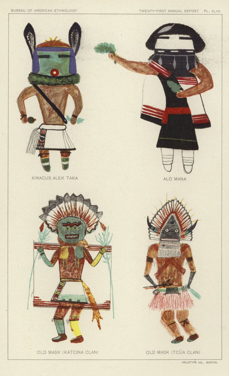 Kwacus Alek Taka, Alo Mana, Stara maska (klan Katcina), Stara maska (klan Tcua) (kolorowa litografia) autorstwa American School