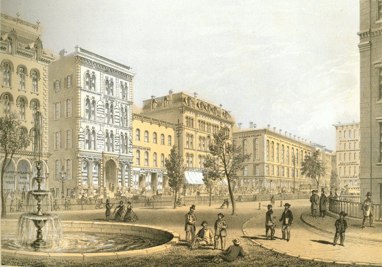 LaSalle Street z Courthouse Square, z Chicago Illustrated, z opisami literackimi Jamesa W. Sheahana, wyd. Jevne & Almini, Chicago, 1866-67 autorstwa American School