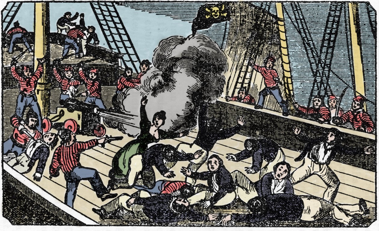 Śmierć dżentelmena-pirata Jeana Lafitte (1780-1826), grawer „Książka pirata” 1837. autorstwa American School