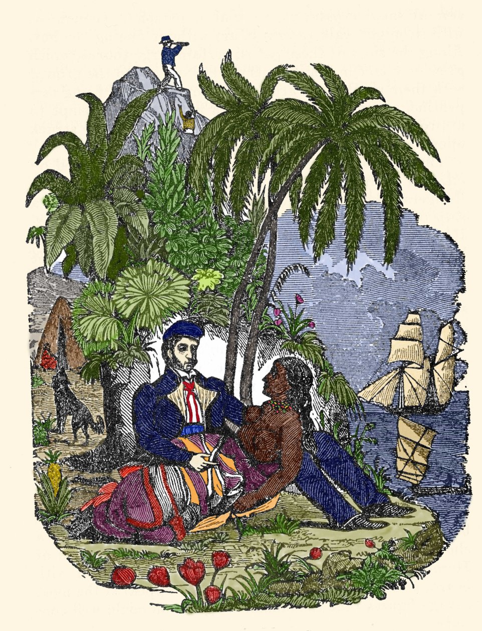 Życie piratów na wyspie Madagaskar. Grawer „Własna księga pirata” 1837. autorstwa American School