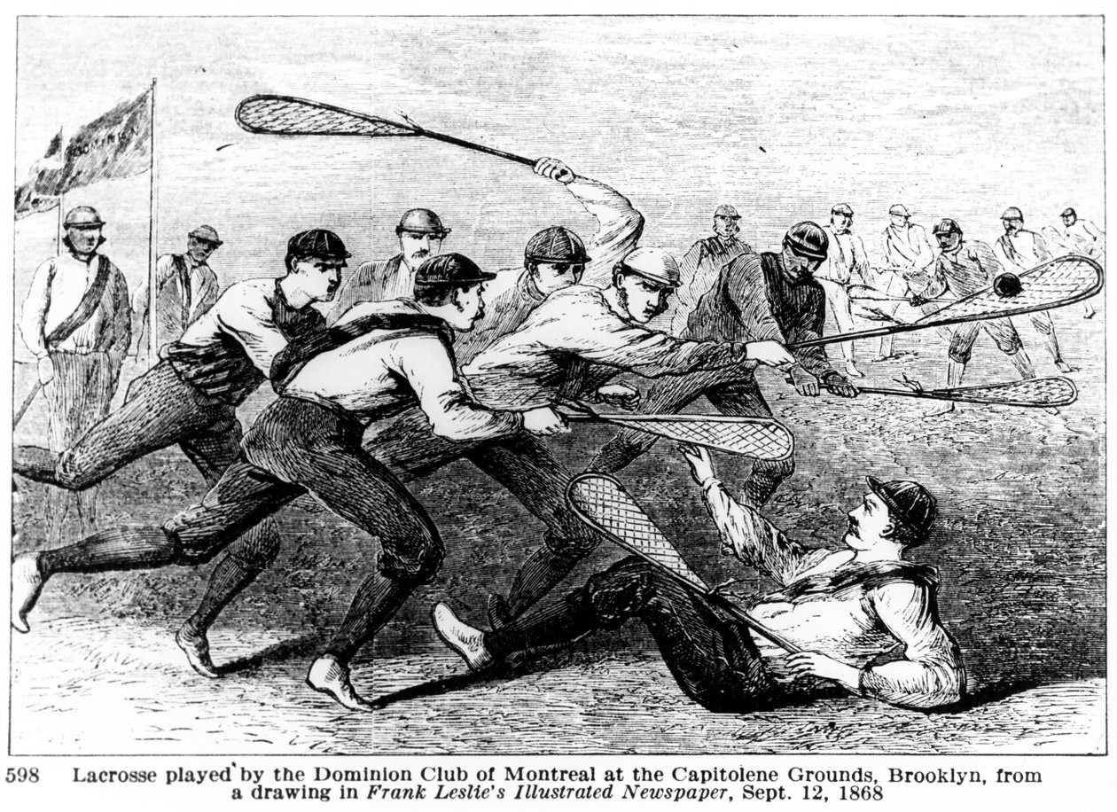 Lacrosse grany przez Dominion Club of Montreal na Capitoline Grounds na Brooklynie, z rysunku w Illustrated Newspaper Franka Leslie autorstwa American School