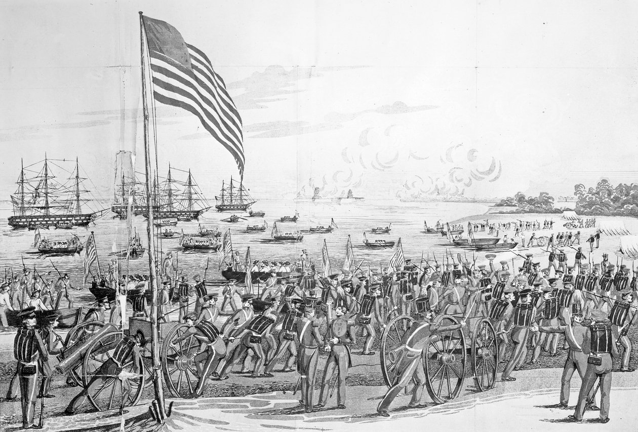 Lądowanie oddziałów w Vera Cruz, Meksyk, 9 marca 1847, z „A Pictorial History of Mexico” Johna Frosta, 1848 (patrz także 115221) autorstwa American School