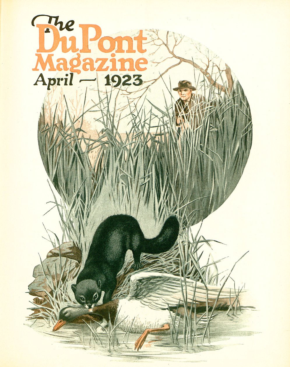 Mniej szkodników — więcej zabawy, przednia okładka magazynu DuPont, kwiecień 1923 r. autorstwa American School
