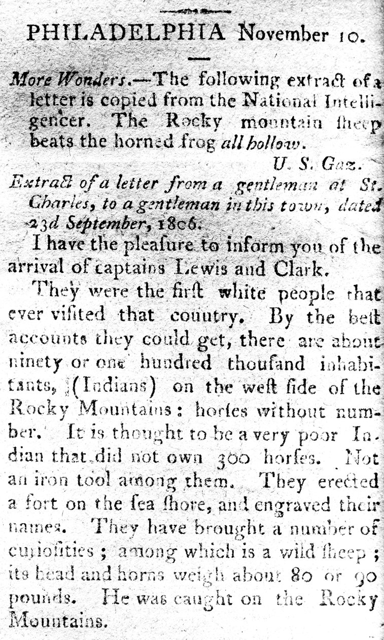 List zapowiadający przybycie kapitanów Lewisa i Clarka z The Boston Intelligencer, 19 listopada 1806 (druk) autorstwa American School