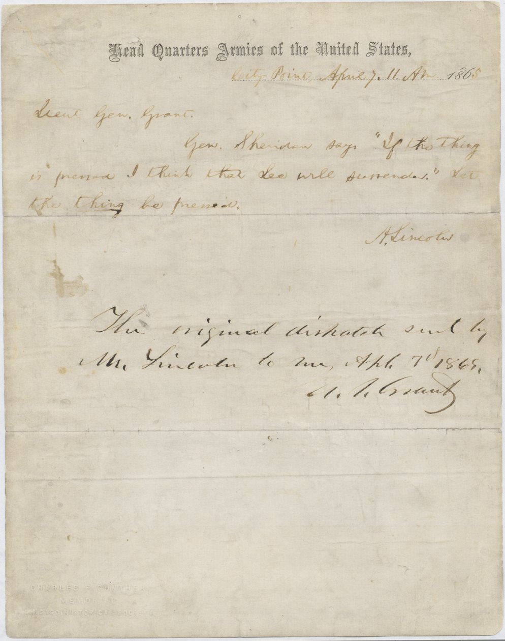 List Abrahama Lincolna do generała Ulyssesa S. Granta, 7 kwietnia 1865 r autorstwa American School