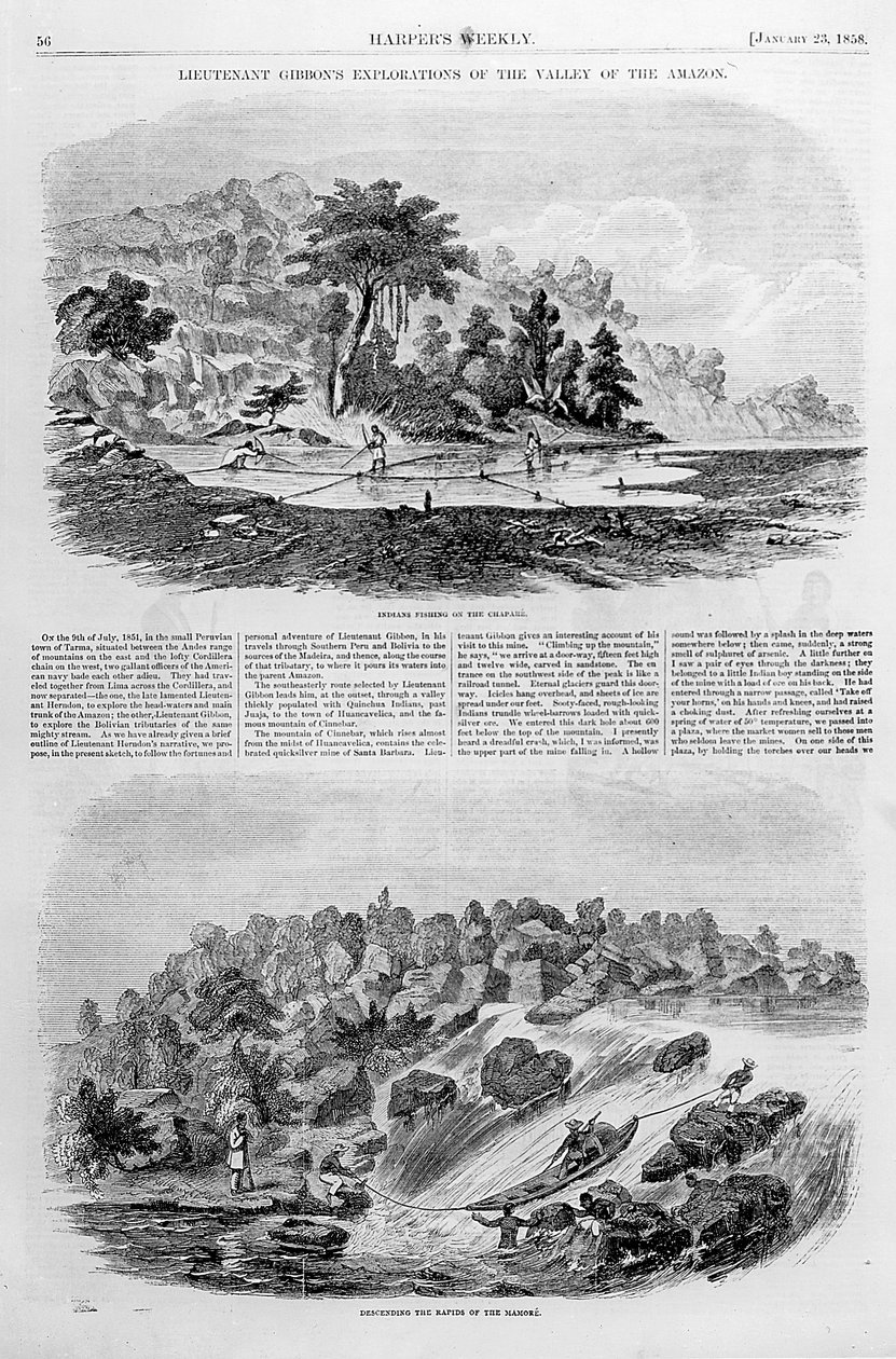 Eksploracje doliny Amazonki porucznika Gibbona, z „Tygodnika Harpera”, 23 stycznia 1838 autorstwa American School