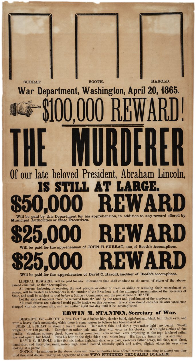 Plakat nagrody za zabójstwo Lincolna, 20 kwietnia 1865 r autorstwa American School