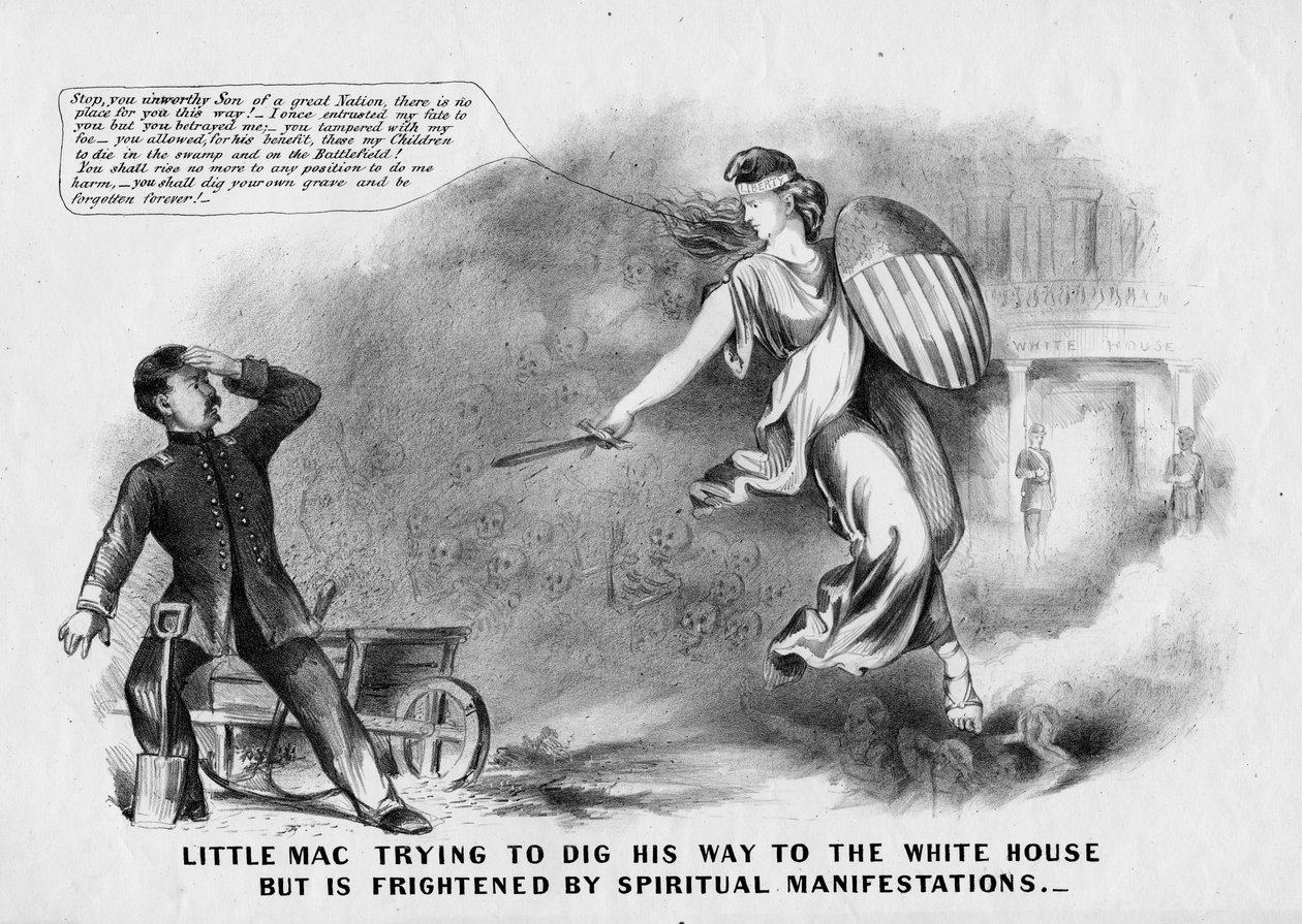 Mały Mac próbuje przekopać się do Białego Domu, ale jest przerażony duchowymi manifestacjami, 1864 autorstwa American School