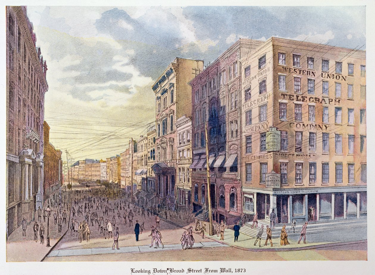 Patrząc w dół Broad Street z Wall w 1873 r., ilustracja ze Starego Nowego Jorku, wczoraj i dziś autorstwa Henry