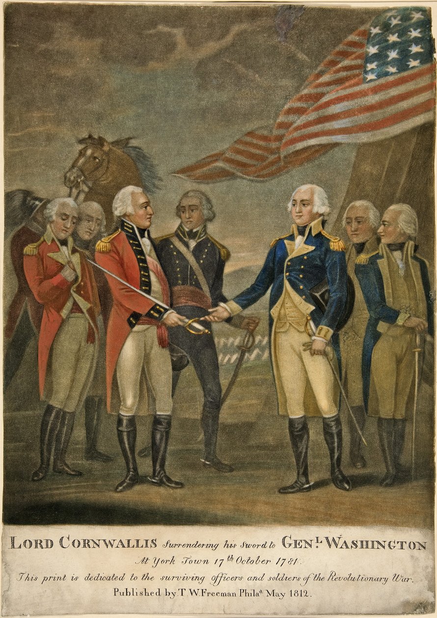 Lord Cornwallis oddał swój miecz Genlowi. Waszyngton w York Town autorstwa American School