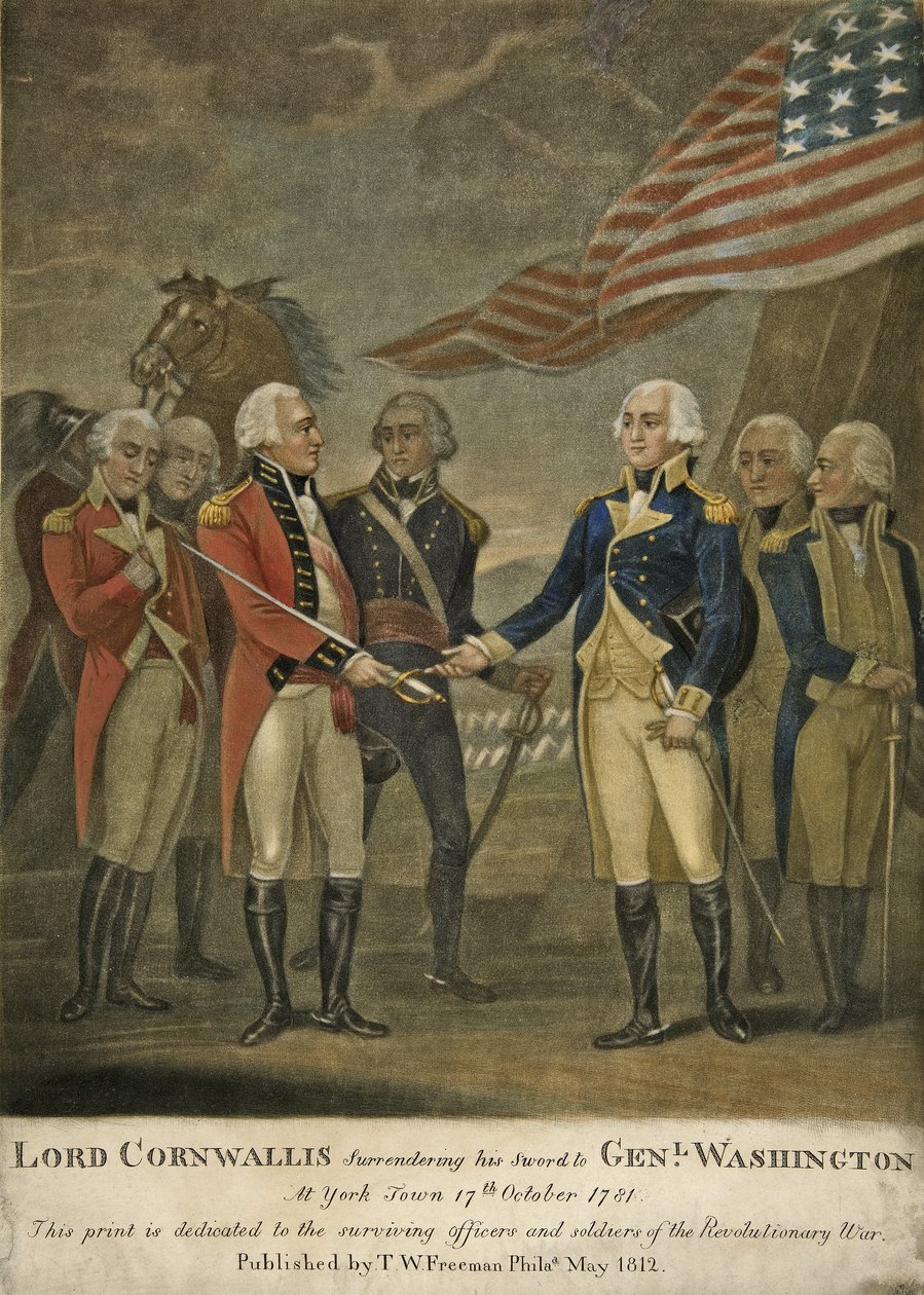 Lord Cornwallis oddał swój miecz Genlowi. Waszyngton w York Town autorstwa American School