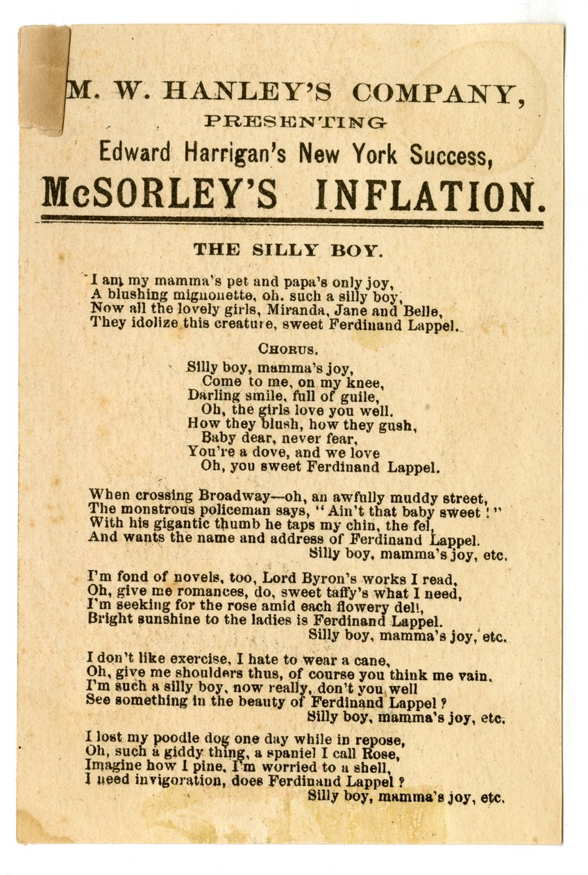 M.W. Hanleys Col przedstawia Edwarda Harrigansa najnowszy sukces w Nowym Jorku, McSorleys Inflation [karta teatralna]. Verso, c.1882 (litografia [karta handlowa]) autorstwa American School