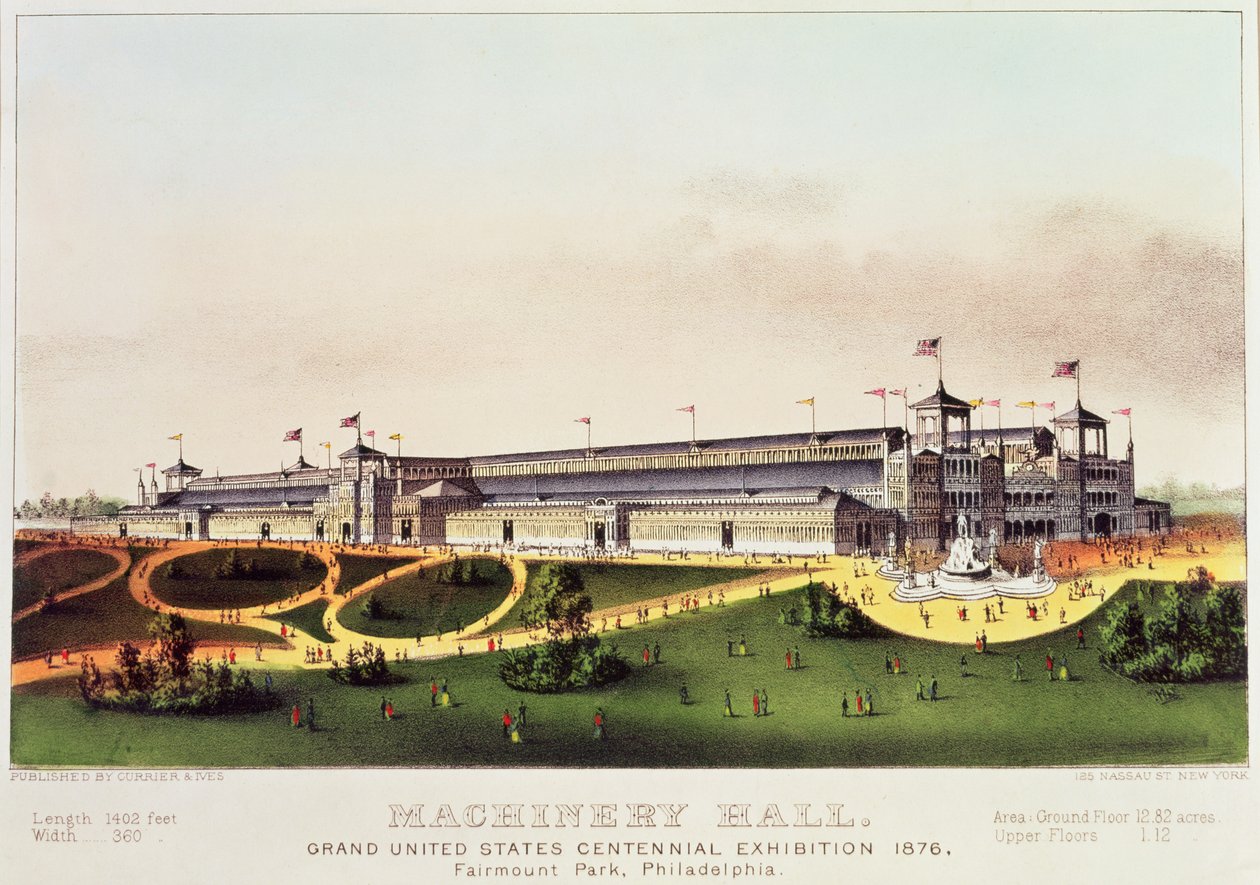Hala Maszyn, Wielka Wystawa Stulecia Stanów Zjednoczonych, Fairmount Park, wydana przez Nathaniela Curriera (1813-88) i Jamesa Merritta Ivesa (1824-95), 1876 r. autorstwa American School