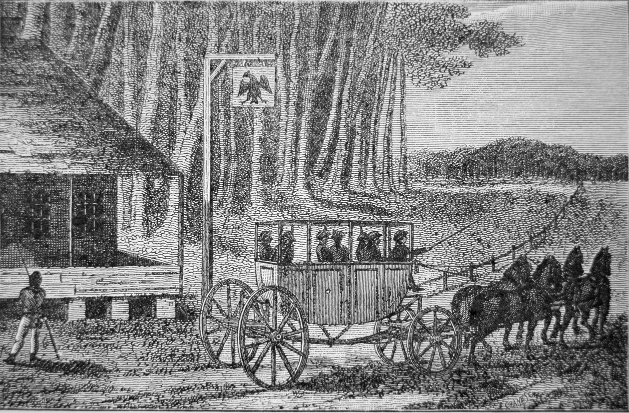 Autokar pocztowy, ilustracja z „Podróży po Ameryce Północnej” Isaaca Welda (1774-1856) 1795 (rycina) autorstwa American School