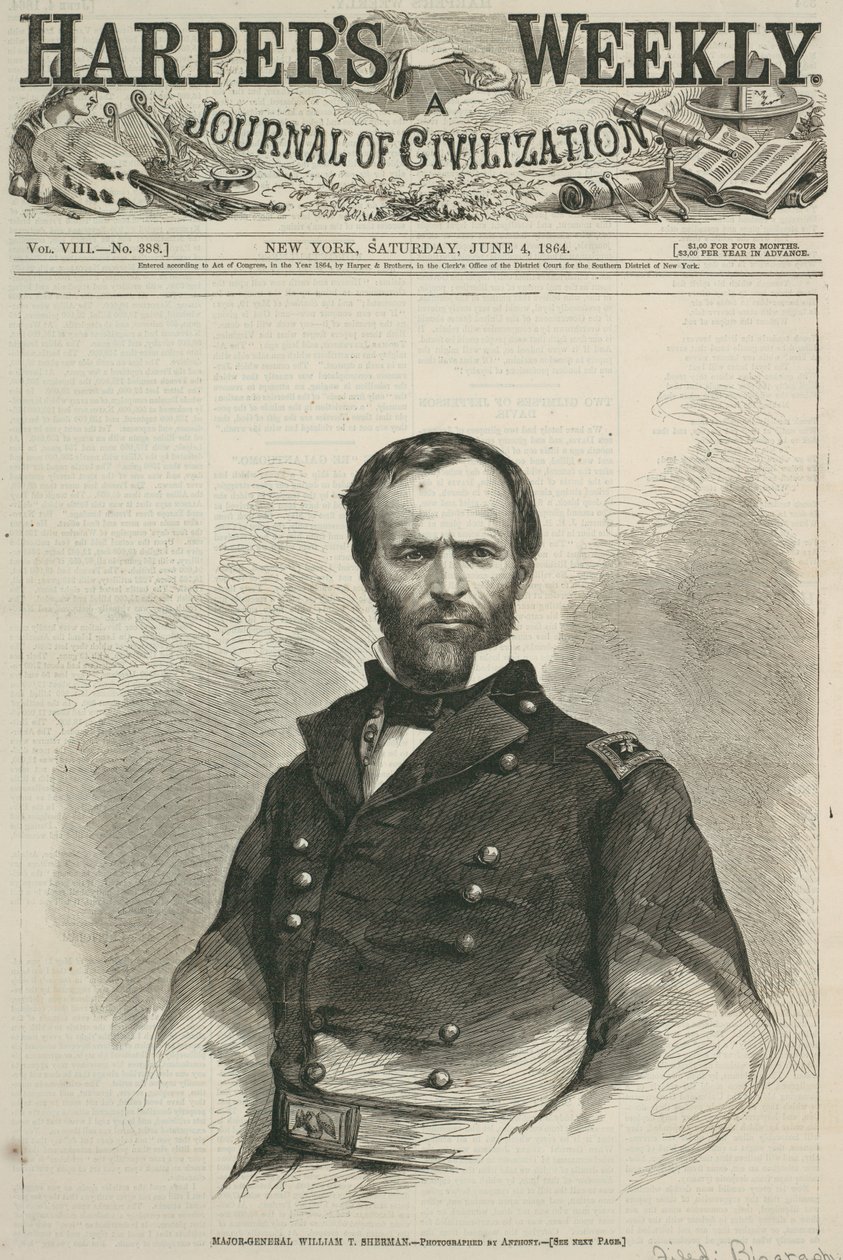 Generał-major William T. Sherman, pierwsza strona Harpers Weekly, 1864 (drewno) autorstwa American School