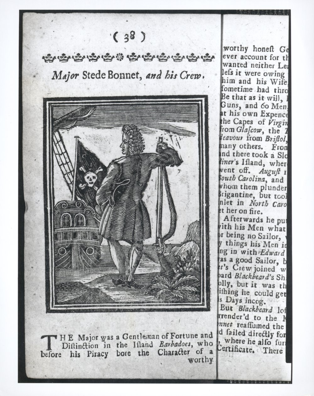 Major Stepe Bonnet, strona 38 z Historii i życia wszystkich najbardziej znanych piratów i ich załóg, Londyn, 1725 autorstwa American School