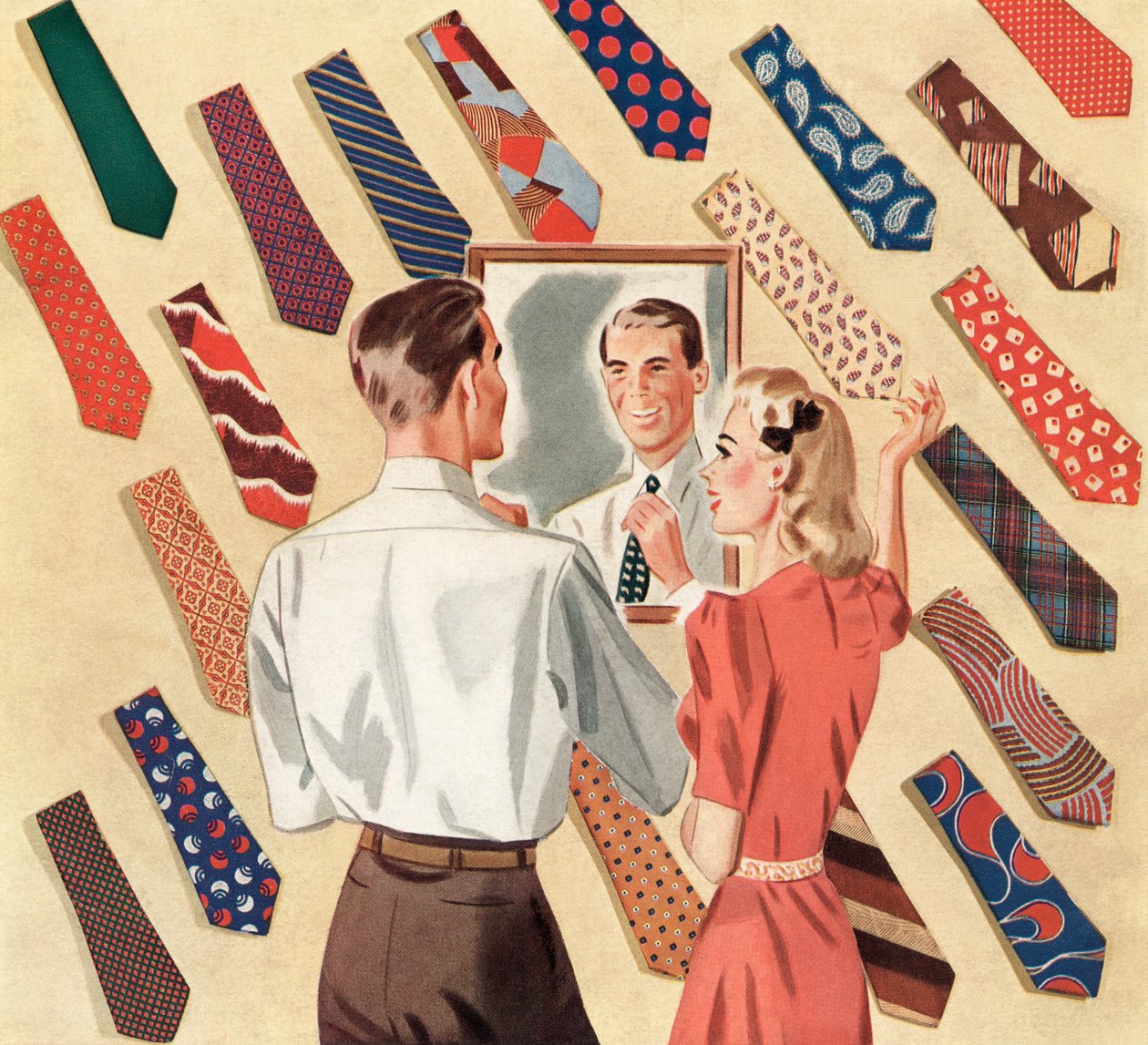 Mężczyzna prostuje krawat w lustrze pośród wielu męskich krawatów autorstwa American School
