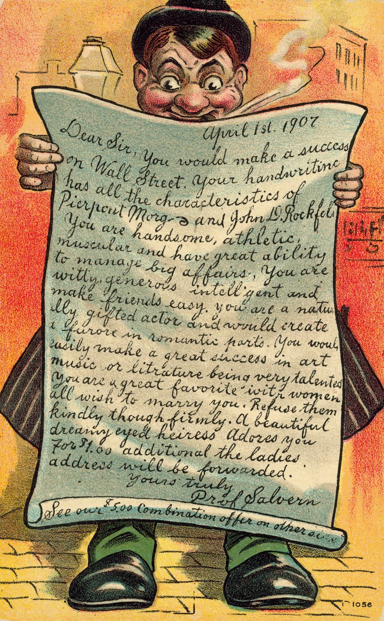 Mężczyzna czytający pochlebny list o perspektywach kariery (kolorowa litografia) autorstwa American School