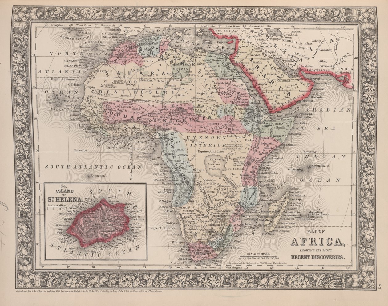 Mapa Afryki przedstawiająca jej najnowsze odkrycia z wstawką Wyspa św. Heleny z nowego atlasu generalnego Mitchell, 1863 (kolorowe grawerowanie) autorstwa American School