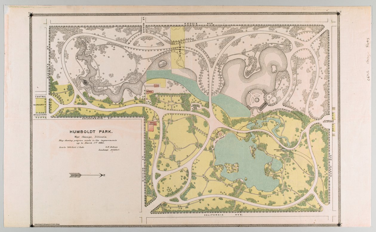 Mapa Humboldta Park przedstawiająca ulepszenia parku, Chicago, Illinois autorstwa American School