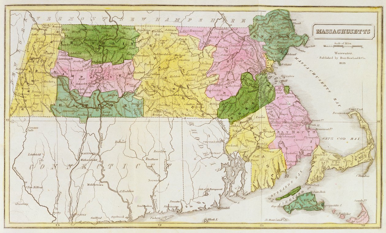 Mapa Massachusetts, z „Historical Collections of Massachusetts”, John Warren Barber, 1839 autorstwa American School