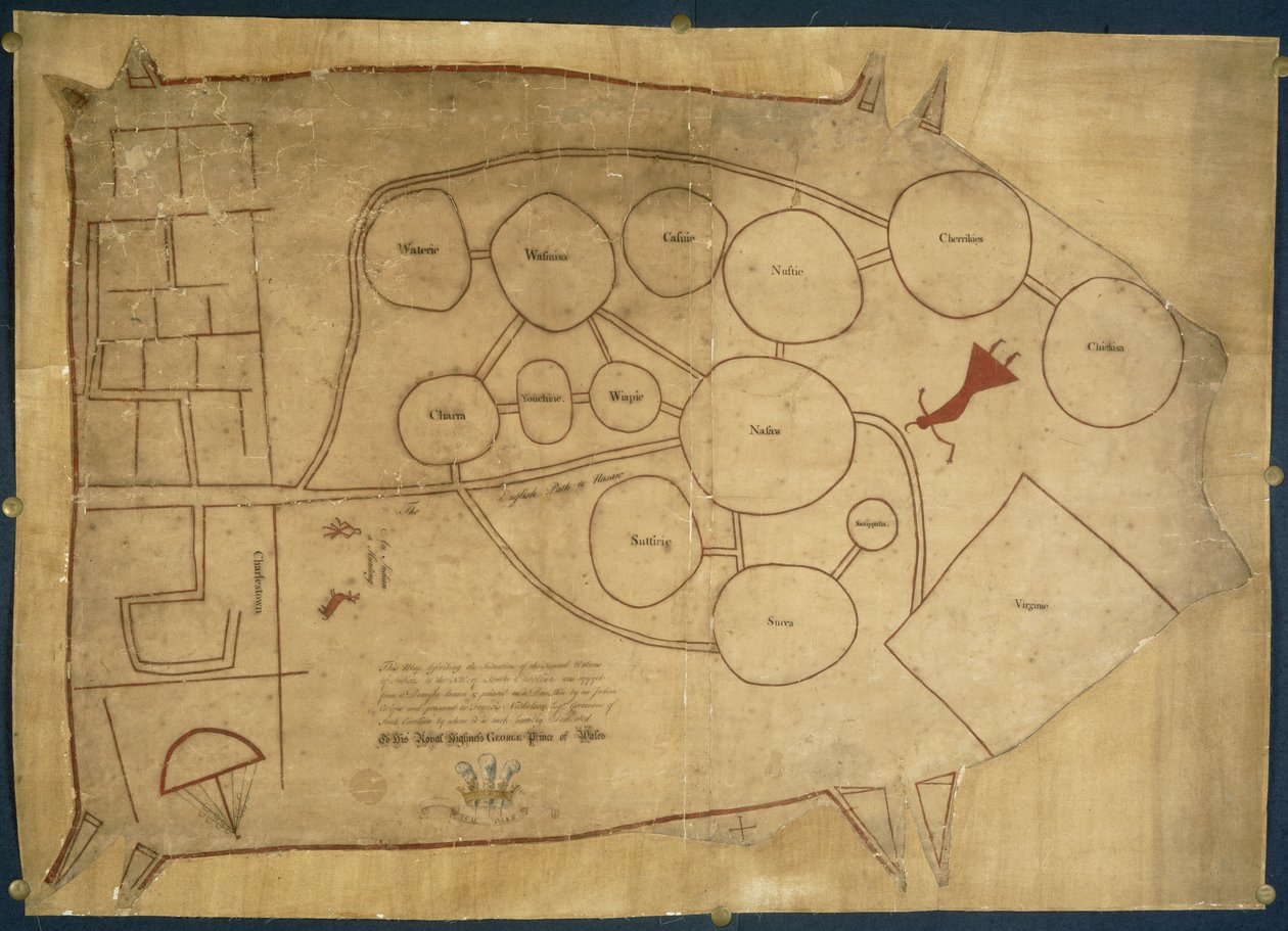 Mapa rdzennych ziem indyjskich, c.1721-25 (welum) autorstwa American School