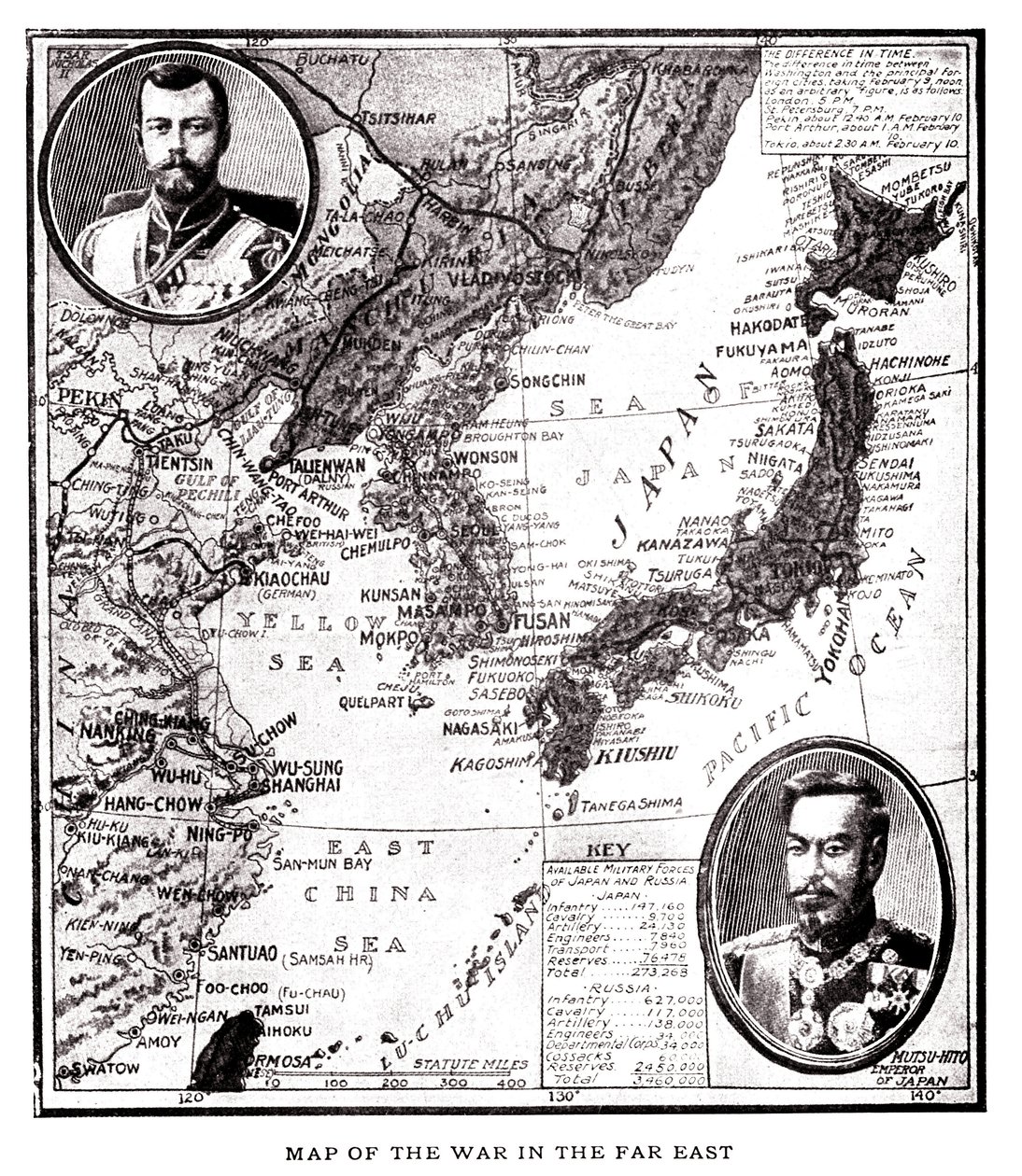 Mapa wschodniej Rosji, Korei i Japonii podczas konfliktu japońsko-rosyjskiego (1904-1905). W medalionie car Rosji Mikołaj II (1868-1918) i cesarz Japonii Meiji (1852-1912). Ilustracja w "Rosja i Japonia oraz pełna historia wojny w autorstwa American School