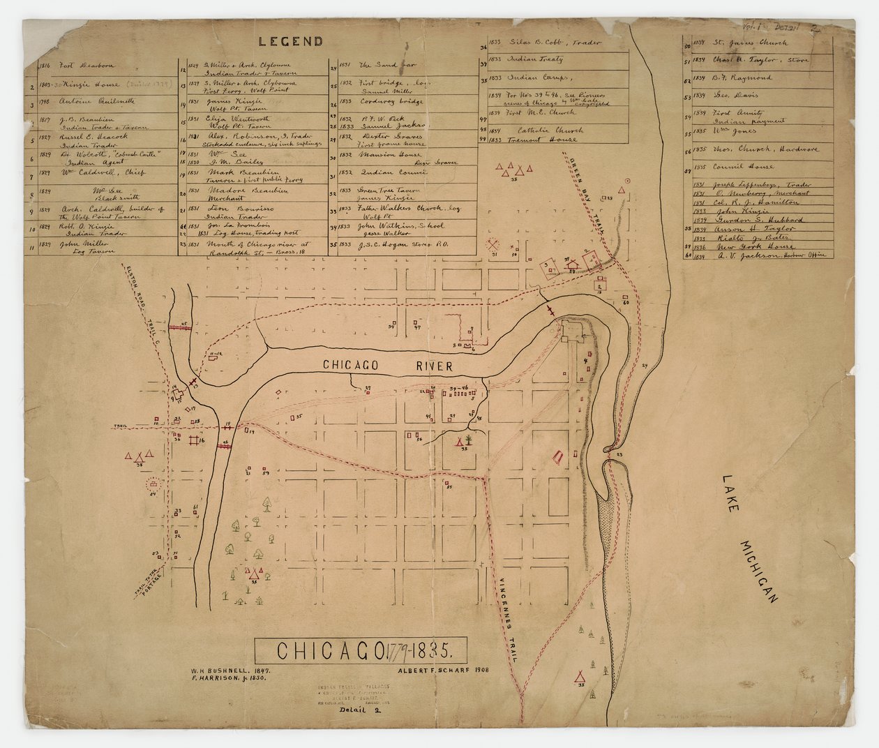 Mapa zabytkowych domów i miejsc w Chicago, Illinois, c.1835 autorstwa American School