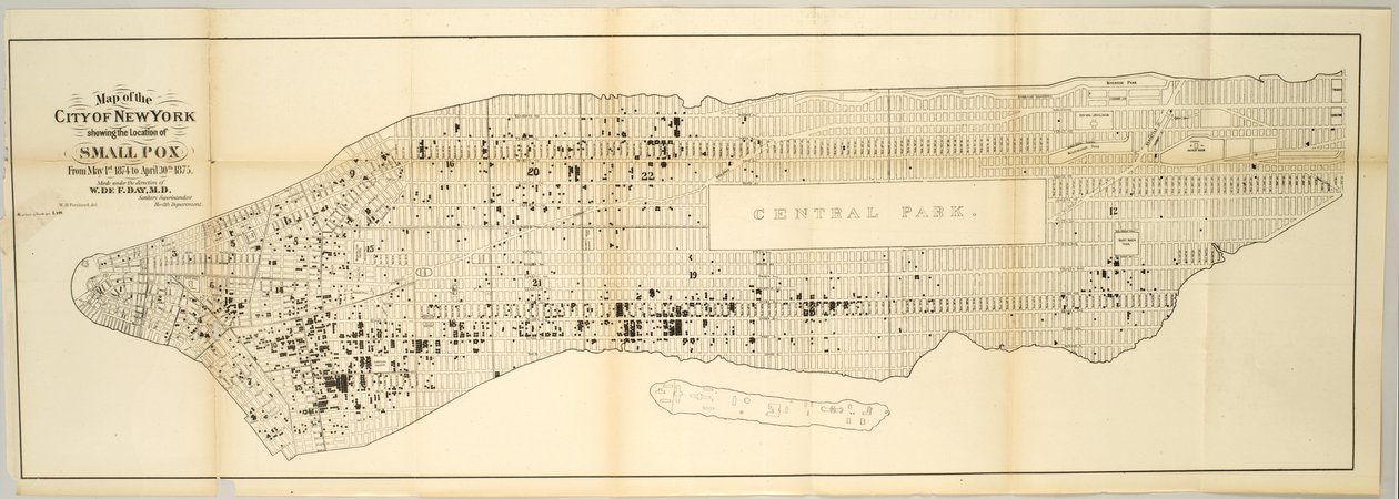 Mapa miasta Nowy Jork pokazująca lokalizację ospy, od 1 maja 1874 do 30 kwietnia 1875. autorstwa American School