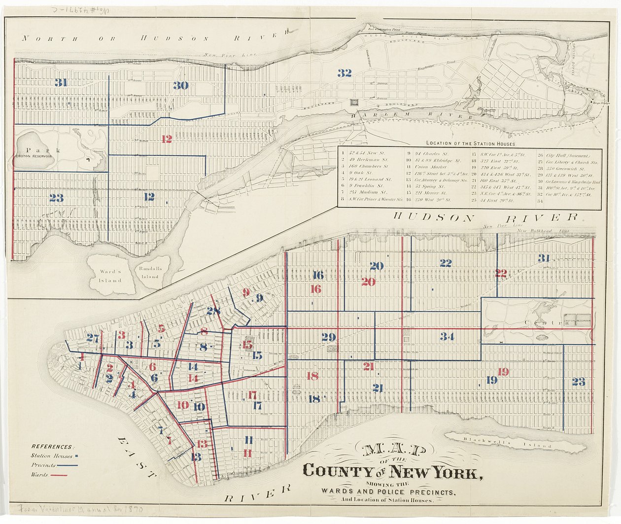 Mapa hrabstwa Nowy Jork, pokazująca okręgi i obwody policyjne oraz lokalizację posterunków, 1870 (tusz na papierze) autorstwa American School