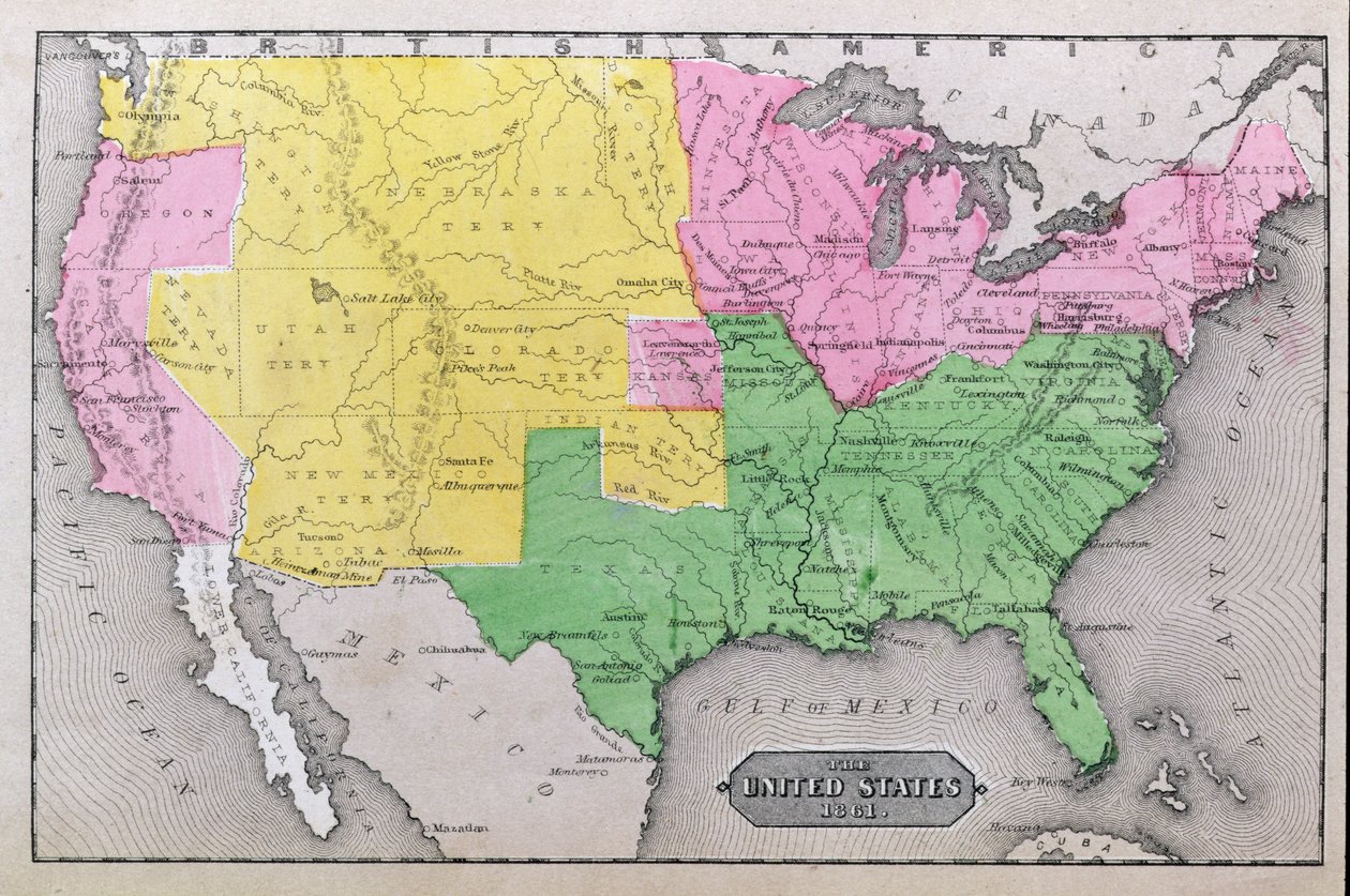 Mapa Stanów Zjednoczonych w 1861 r., z „Nasz cały kraj: przeszłość i teraźniejszość Stanów Zjednoczonych, historyczna i opisowa”, John Warner Barber i Henry Hare, 1861 autorstwa American School