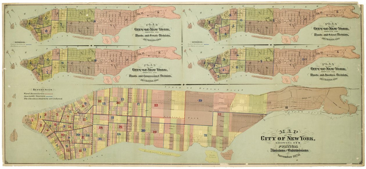 Mapa miasta Nowy Jork, pokazująca jego podziały polityczne i podpodziały autorstwa American School