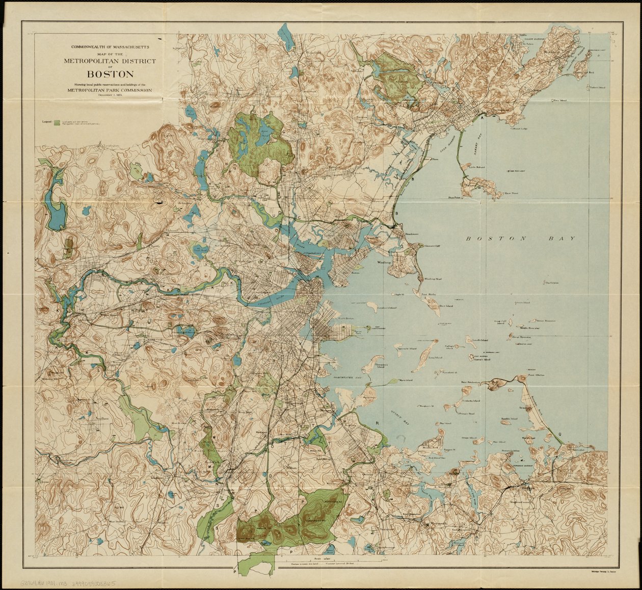 Mapa dzielnicy metropolitalnej Bostonu w stanie Massachusetts: ukazująca lokalne rezerwacje publiczne i posiadłości Komisji Metropolitan Park, 1901 autorstwa American School