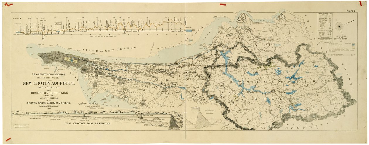 Mapa nowego akweduktu Croton, starego akweduktu i rurociągu Bronx River, a także zlewni Croton, Bronx autorstwa American School