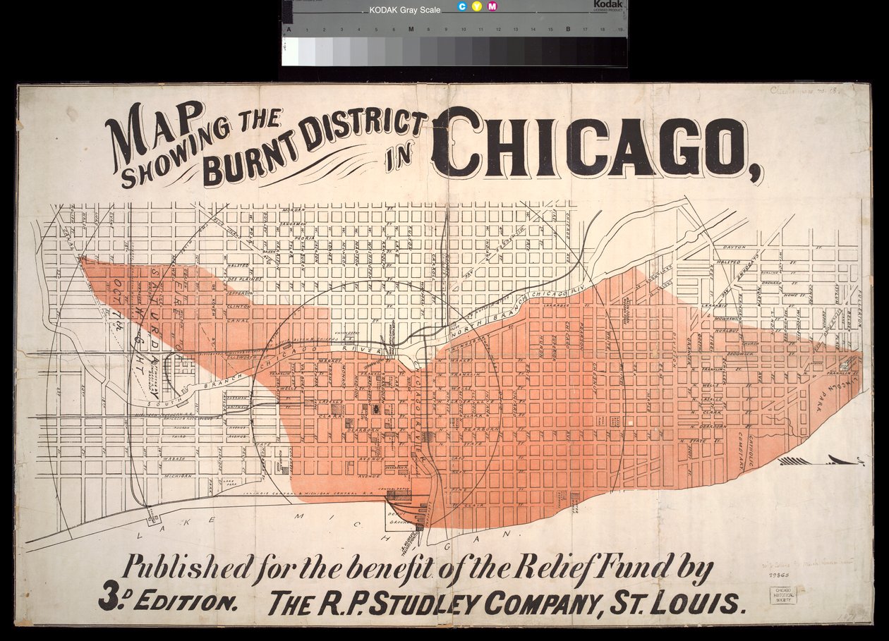 Mapa przedstawiająca Burnt District w Chicago, c.1872 autorstwa American School