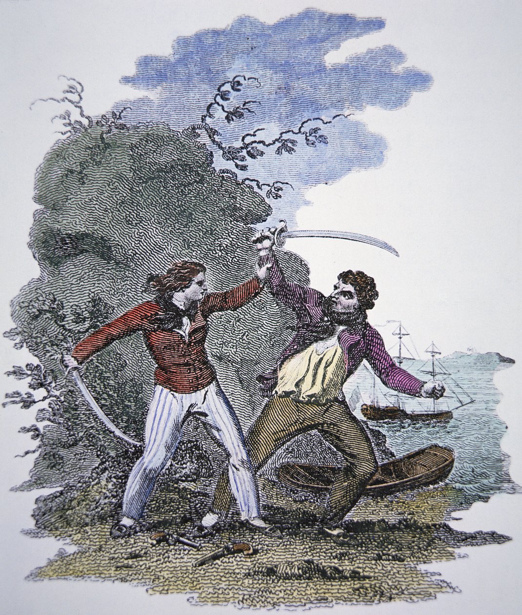 Mary Read walczy z innym piratem, aby ocalić życie swojego kochanka (kolorowy grawerunek) autorstwa American School