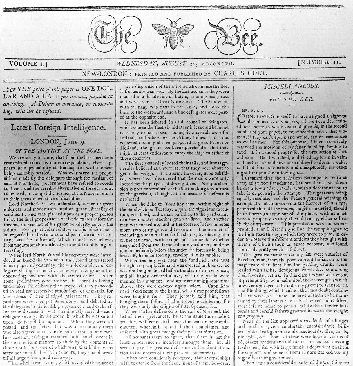 Masthead Pszczoły, wydrukowany 23 sierpnia 1797 (druk) autorstwa American School