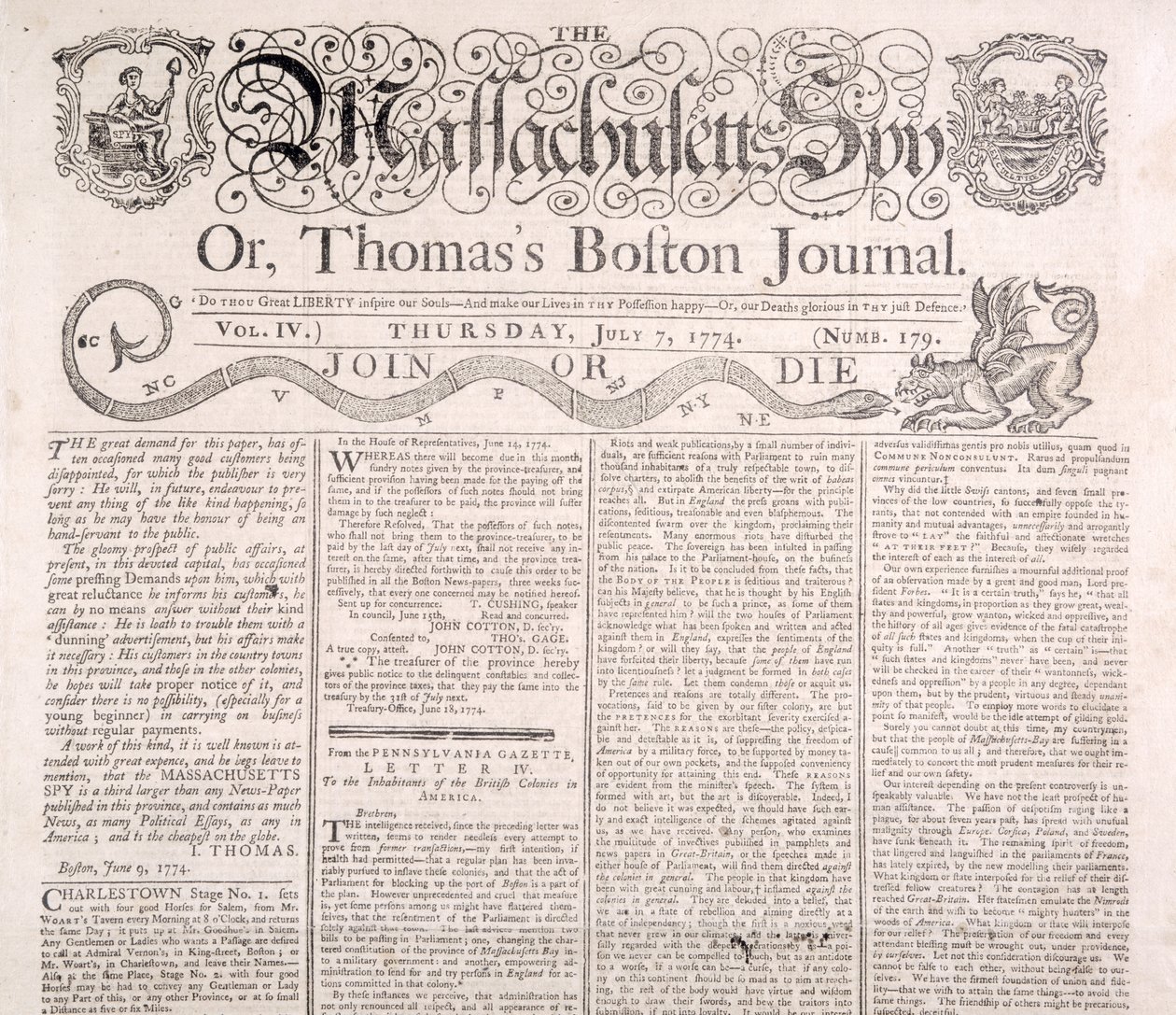 Masthead szpiega z Massachusetts, 7 lipca 1774 (druk) autorstwa American School