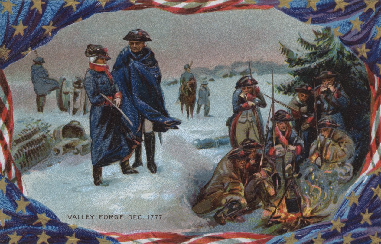 Karta z okazji Dnia Pamięci, Valley Forge, grudzień 1777 r. (kolorowa litografia) autorstwa American School