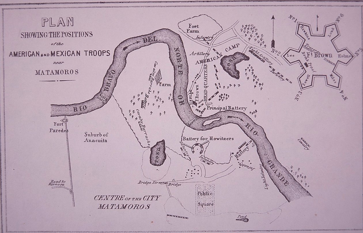 Wojna meksykańsko-amerykańska (1846-48), mapa wojsk amerykańskich w pobliżu Rio Grande i Matamoros autorstwa American School