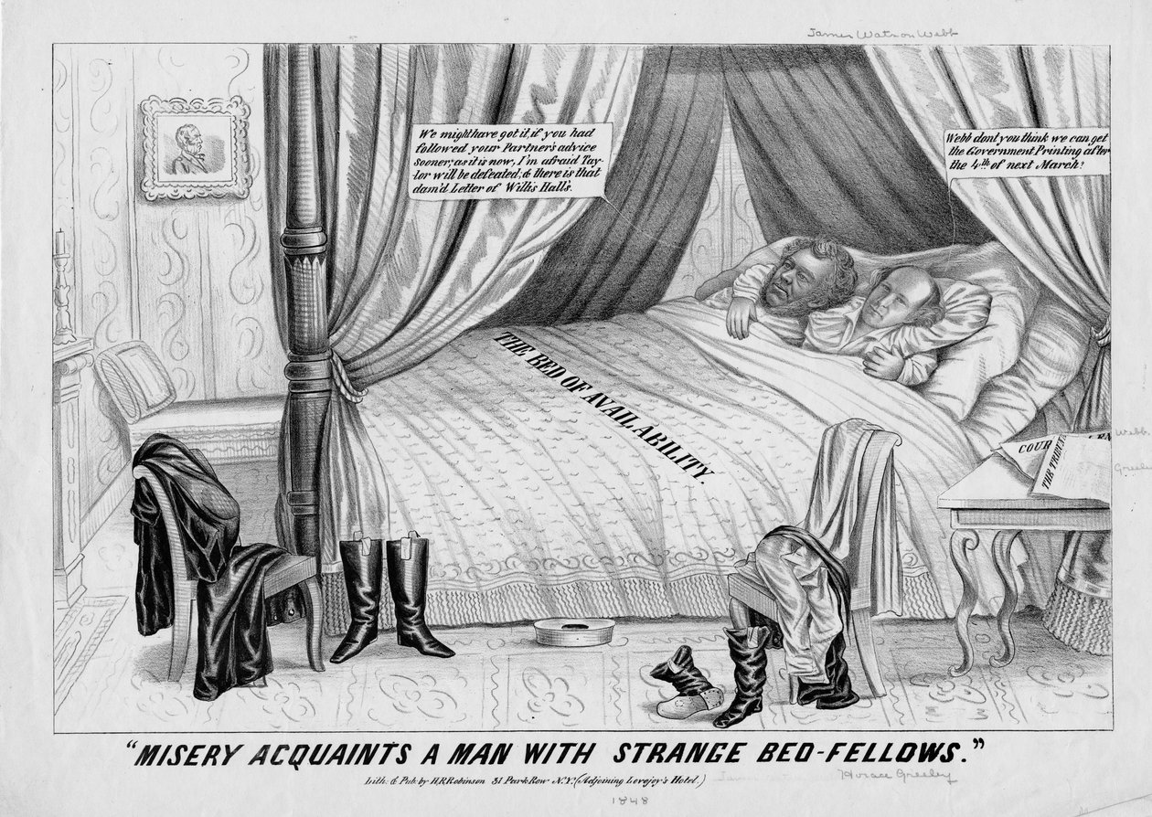 Misery zapoznaje mężczyznę z dziwnymi towarzyszami w łóżku, opublikowane przez H R Robinson, Nowy Jork, 1848 autorstwa American School