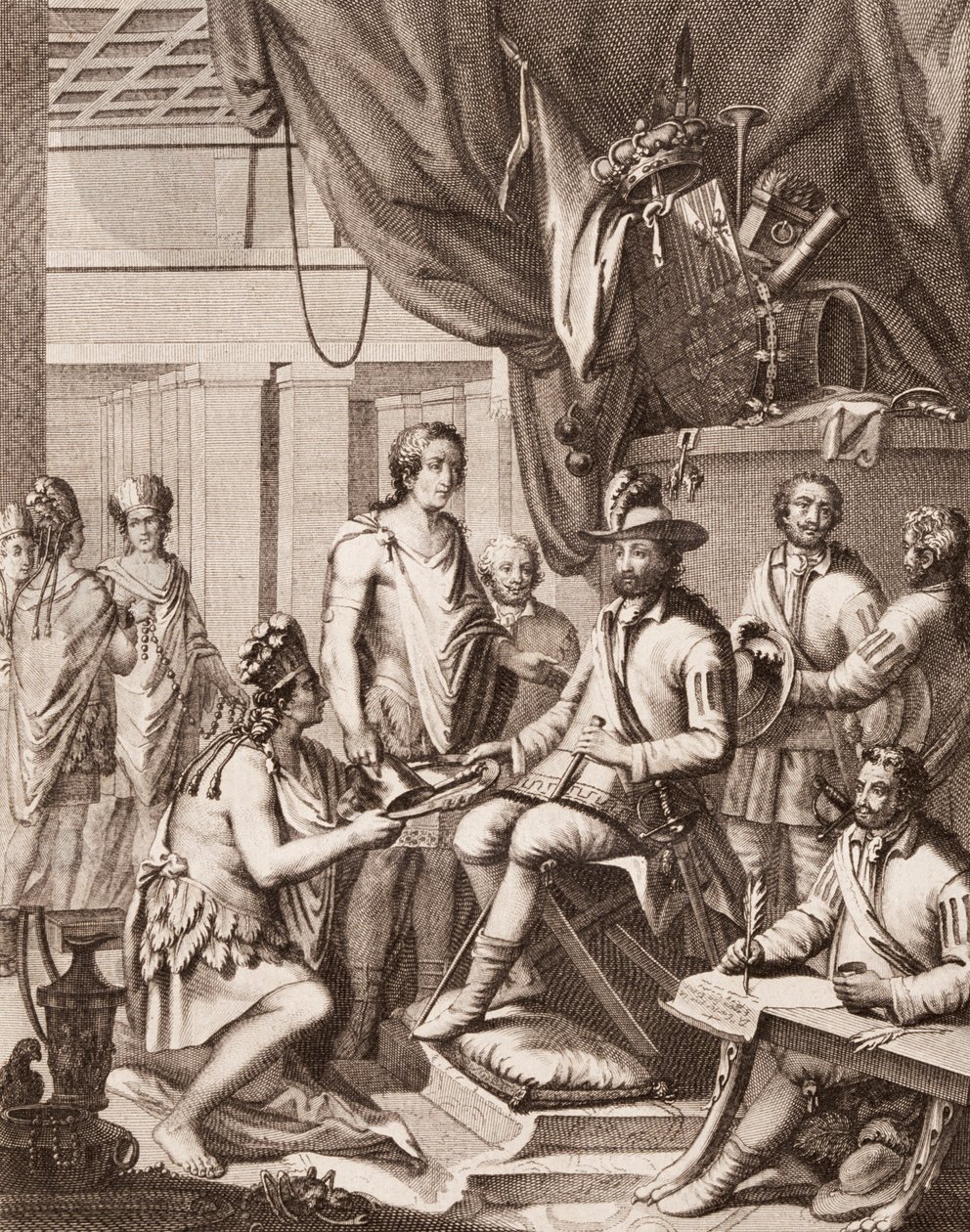 Montezuma przekazuje swoje imperium królowi Hiszpanii, oddając mu hołd i ślubując posłuszeństwo, z Antonio de Solis y Rivadeneira Solis Historia podboju Meksyku, rycina Ximeno autorstwa American School