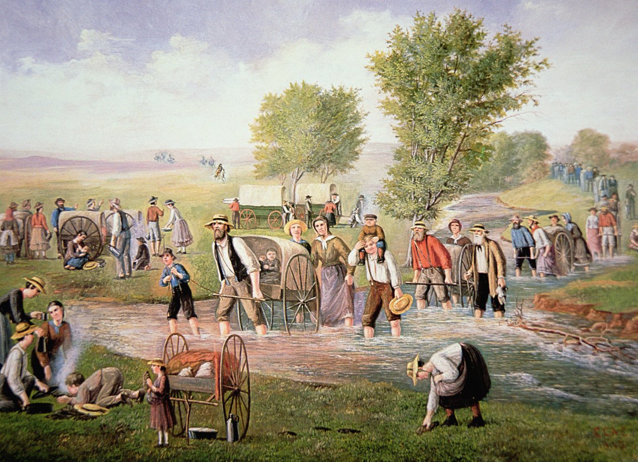 Pionierzy mormonów ciągnący wózki ręczne w długiej podróży do Salt Lake City w 1856 r. (kolor lito) autorstwa American School