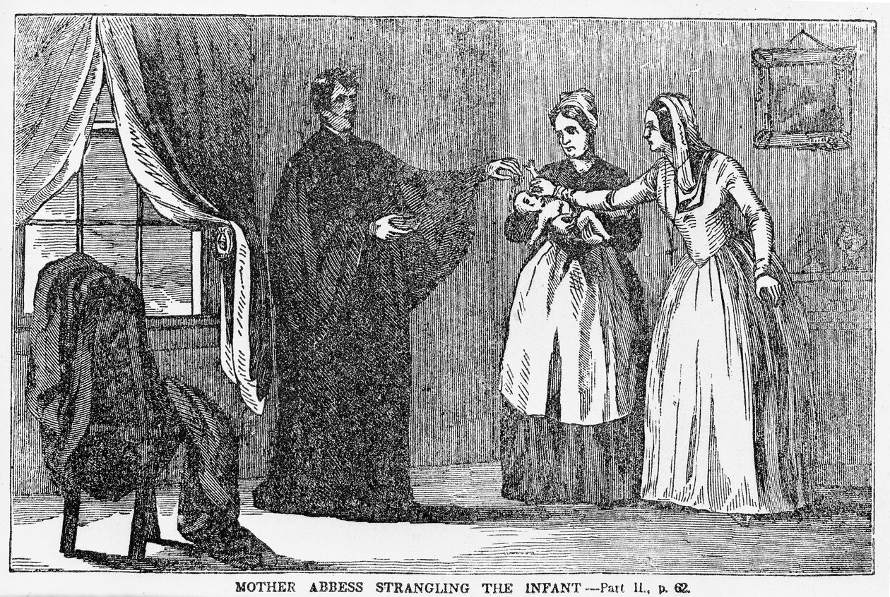 Matka opatka dusi niemowlę, ilustracja z antykatolickiej broszury autorstwa American School