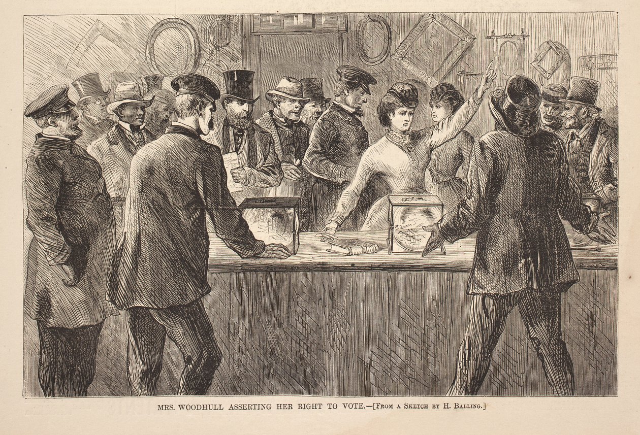 Pani Woodhull zapewniająca swoje prawo do głosowania, rycina z Harper’s Weekly, 25 listopada autorstwa American School