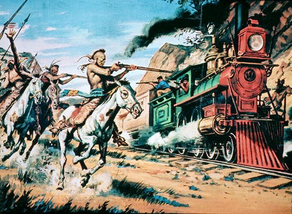 Indiańscy wojownicy atakują najeżdżającego „żelaznego konia” (olej na płótnie) autorstwa American School