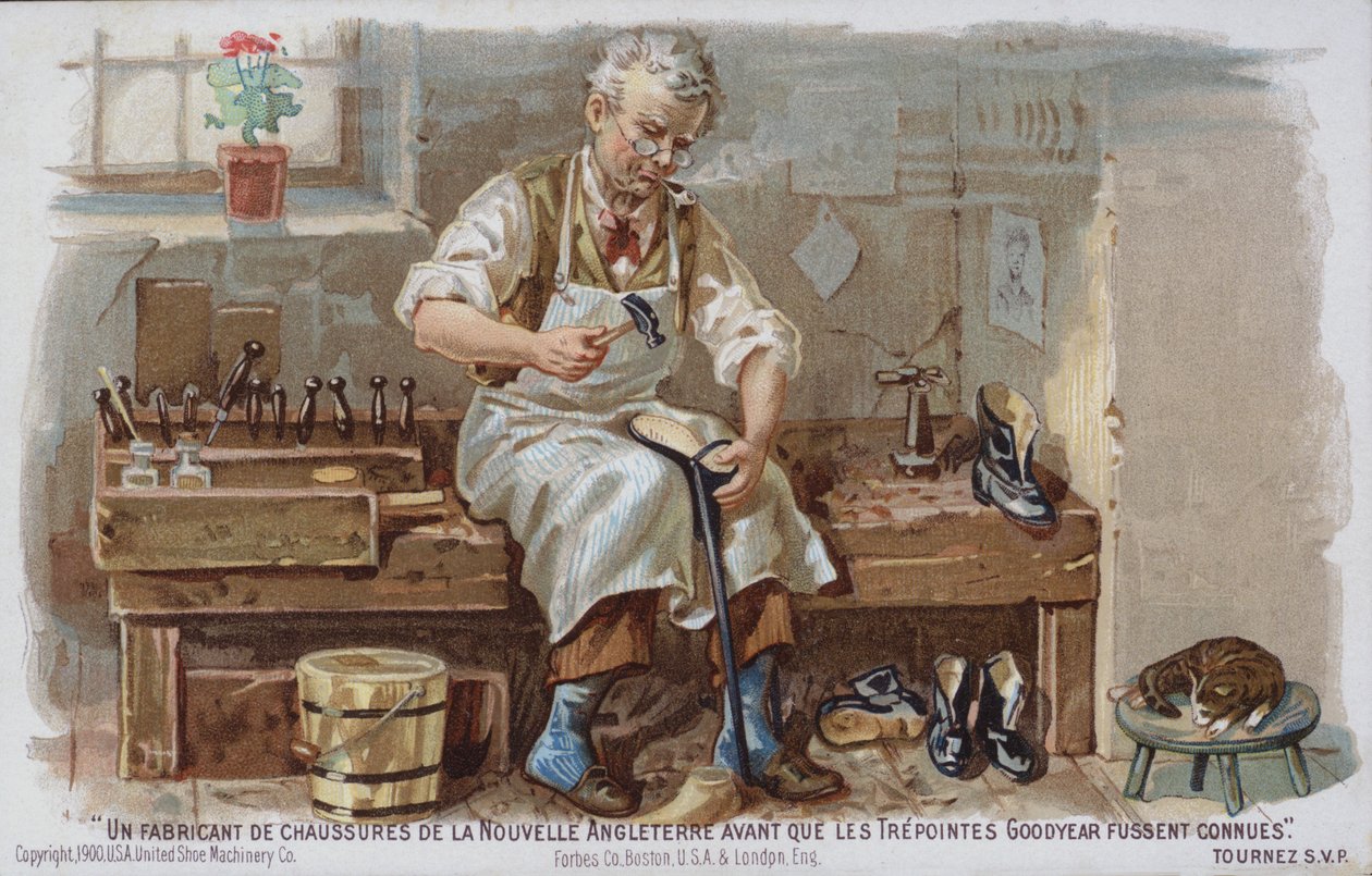 Producent obuwia z Nowej Anglii z czasów przed wprowadzeniem ściągacza Goodyear (chromolitho) autorstwa American School