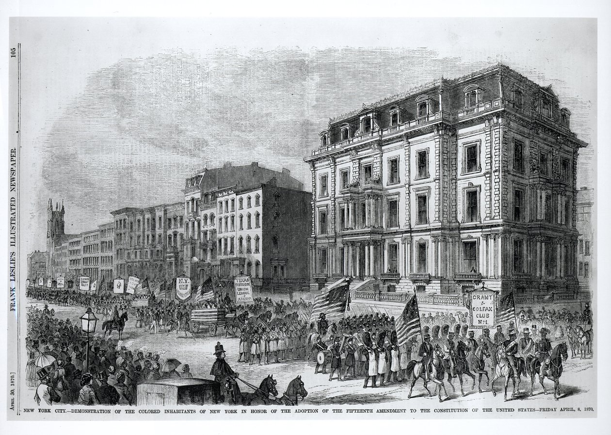 Nowy Jork: Demonstracja kolorowych mieszkańców Nowego Jorku na cześć przyjęcia piętnastej poprawki do konstytucji Stanów Zjednoczonych, 8 kwietnia 1870, z „Frank Leslie